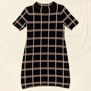 Ann Taylor Window Pane Patterned Sweater Dress, XS - Black, Camel Brown